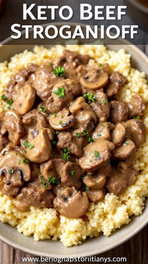 Keto Beef Stroganoff with beef strips in creamy mushroom sauce over cauliflower rice, garnished with parsley.